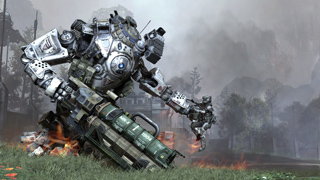 A massive, white and grey armored combat mech crouches in a foggy field near a smaller robot.