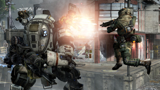 A large white mech fires a weapon at a soldier jumping through the air in a city street.