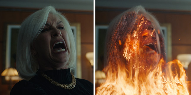 Split screen of a woman screaming; the right side shows her face and body consumed by fire.