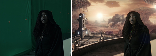 Split screen showing a woman in a black hooded cloak against a green screen and a finished fantasy landscape.