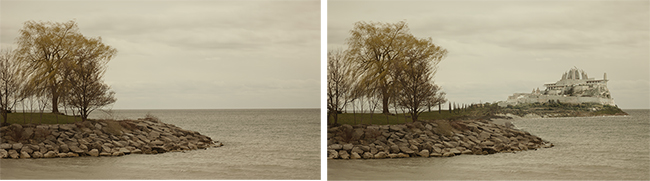 Two side-by-side landscape shots of a rocky shoreline with trees under a cloudy sky.