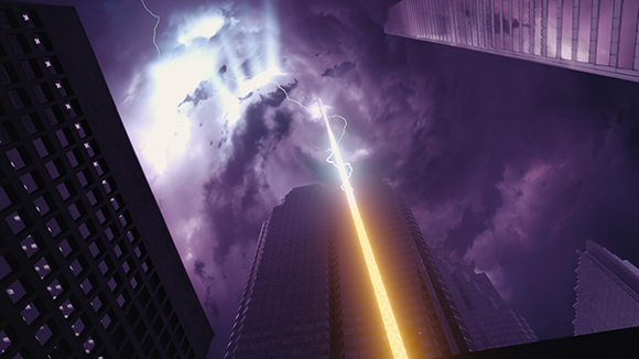 Lightning strikes a tall building under a dark purple, cloudy sky surrounded by city skyscrapers.