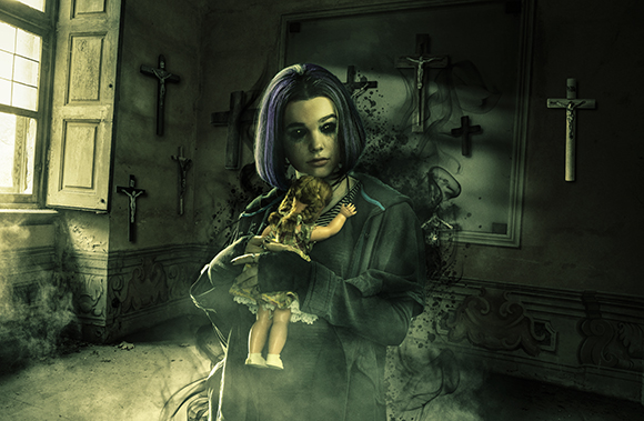 A woman with purple hair holds a doll in a dark, smoky room decorated with several crucifixes.