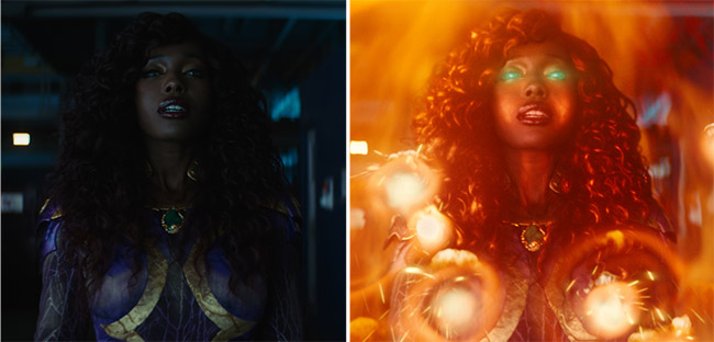 Split image showing a woman in dim lighting on the left and glowing with orange light and bright eyes on the right.