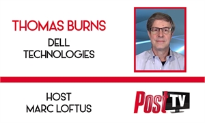 Graphic with Thomas Burns' portrait, Dell Technologies, and host Marc Loftus for Post TV.