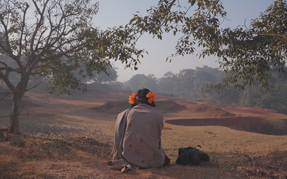 A person with orange flowers in their hair sits on a grassy hill, looking out over a misty valley.