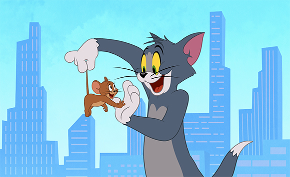 A gray cartoon cat holds a small brown mouse by its tail against a blue city skyline.