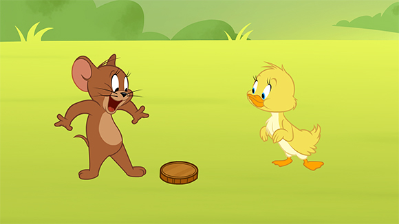 Cartoon brown mouse and yellow duckling standing in a green field near a small wooden disc.