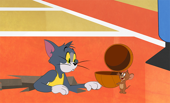 Animated cat and mouse looking at a large, open nut on an orange surface.