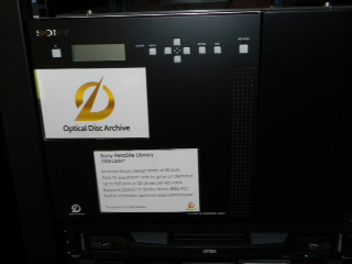 Black Sony Optical Disc Archive unit with a label showing specifications for the ODC-L300 library.