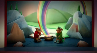 Two mice in clothing stand facing a glowing rainbow arch in a miniature, stylized landscape.