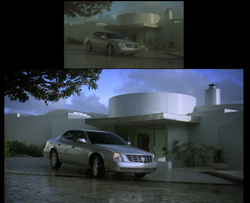 A silver sedan parked on a wet driveway in front of a modern, curved building under a cloudy twilight sky.