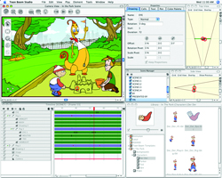 Software interface showing a cartoon animation scene of characters in a park and various editing tool panels.