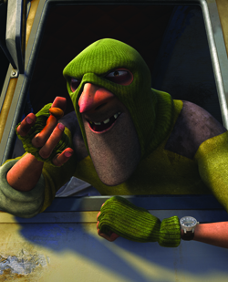 Animated man with a large pink nose and green knit mask leaning out of a vehicle window.