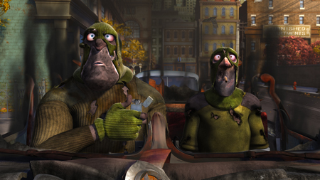 Two animated characters in green knit hats and torn clothing looking up with wide eyes in a city setting.
