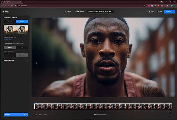 A video editing software interface showing a close-up portrait of a man with a timeline at the bottom.