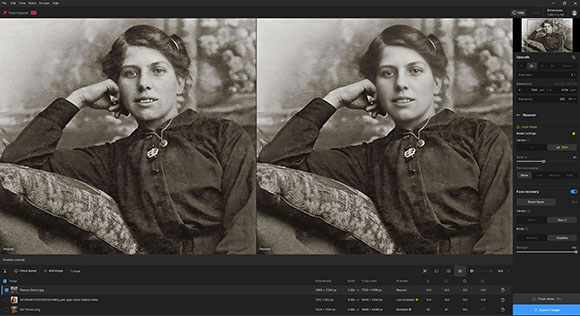 Split screen showing an original grainy vintage portrait next to a sharpened, upscaled version in an editor.