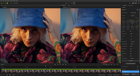 Video editing software interface displaying a split-screen comparison of a woman's portrait with color adjustments.