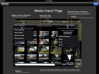 Diagram of a media import interface showing labels for source selector, selected clip, and import options.