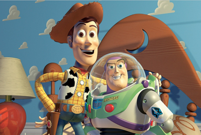 Woody the cowboy and Buzz Lightyear the space ranger smiling side by side.
