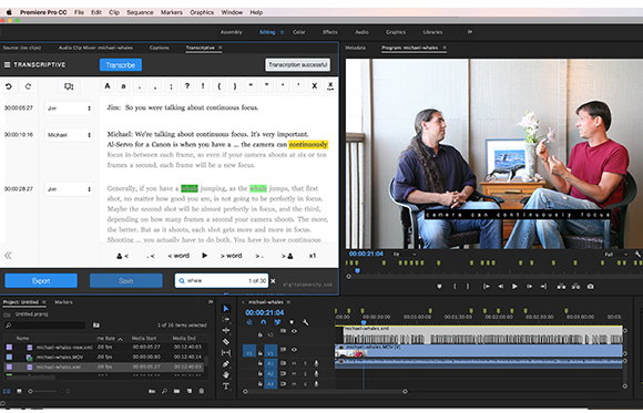 Video editing software interface displaying a transcript and a video of two men sitting in chairs.