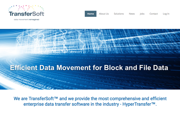 TransferSoft website featuring a blue digital data stream background and text about efficient data movement.
