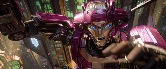 A purple humanoid robot reaches its mechanical hands toward the viewer against a futuristic city background.