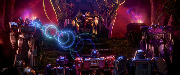 Several large robots stand before a central robot seated on a throne in a dark, purple-lit cavern.