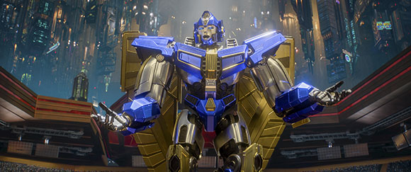 A large blue and gold humanoid robot stands with arms outstretched in a futuristic cityscape.