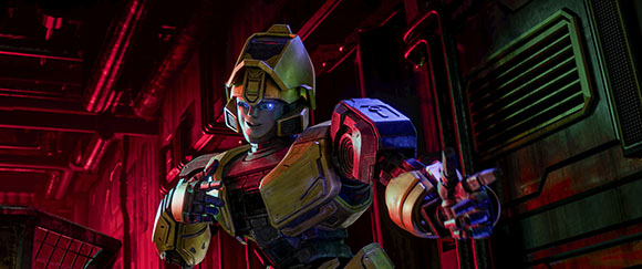A yellow and blue robotic humanoid character pointing forward in a dark, red-lit industrial corridor.