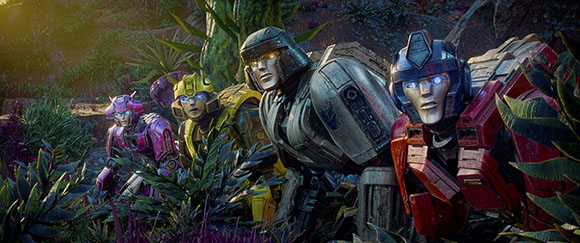 Three colorful mechanical robots with expressive faces standing amidst dense tropical foliage.