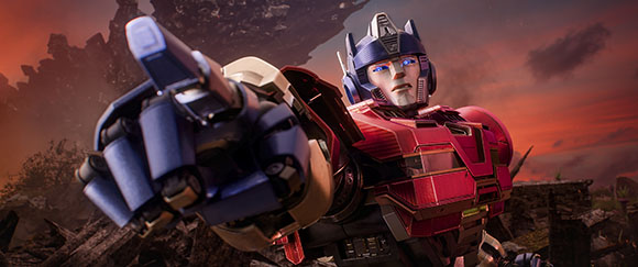 A red and blue robotic character reaches a large mechanical hand toward the viewer under a sunset sky.