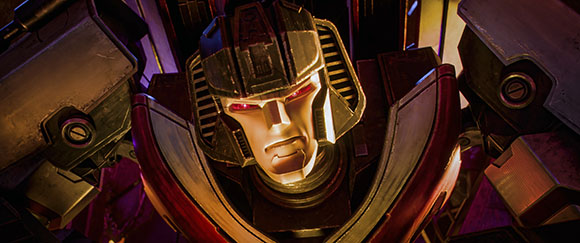Close-up of a metallic robot with glowing red eyes and a stern expression.