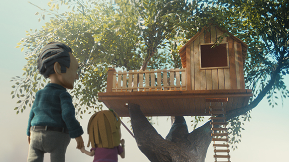 Two small animated figures stand below a wooden treehouse built into a large leafy tree.