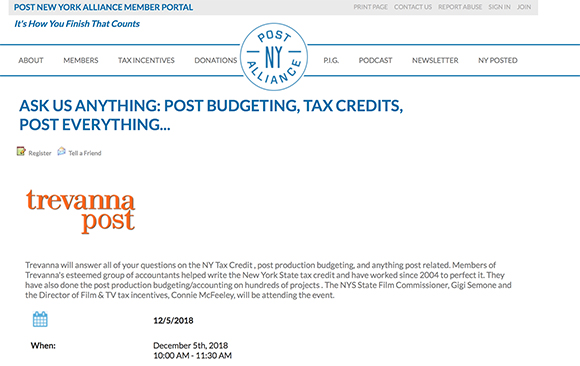Webpage announcement for a Trevanna Post Q&A session regarding budgeting and tax credits.