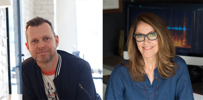 A man in a dark jacket on the left and a woman with glasses in a blue shirt on the right.