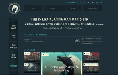 Website interface for THU with event details, navigation menu, and promotional banners.