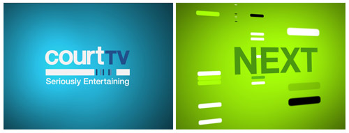 A blue panel with the Court TV logo and a green panel with the word NEXT in large letters.