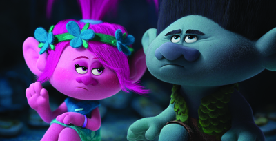 A pink troll and a blue troll with grumpy facial expressions.