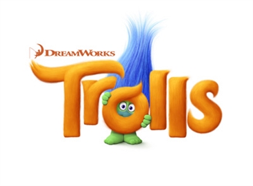 The DreamWorks Trolls logo featuring orange bubbly letters and a small blue-haired troll character.