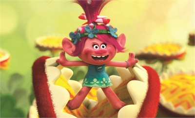 A pink animated troll with magenta hair and a flower headband smiles inside a large, toothy plant.