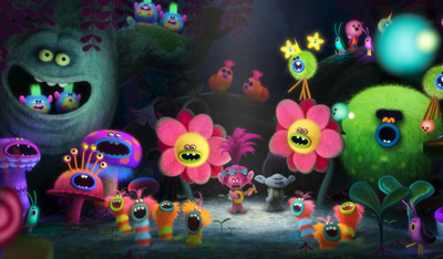 Various colorful, fuzzy, and round fantasy creatures gathered in a glowing, magical forest.