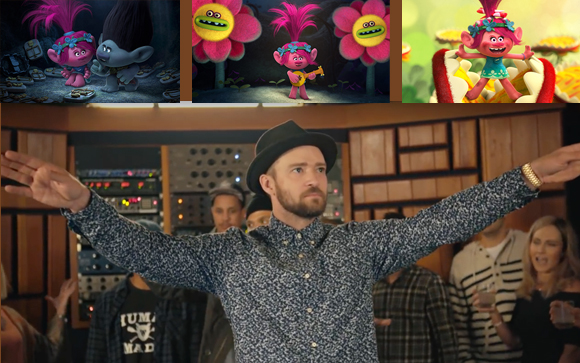 A collage featuring scenes from an animated film and a man in a patterned shirt with arms spread wide.