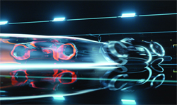 A glowing, streamlined pod traveling at high speed through a translucent, illuminated tunnel.