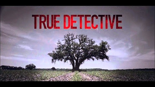 Red text reading TRUE DETECTIVE above a large, solitary tree in a wide, open field under a cloudy sky.