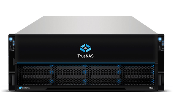 A black and silver TrueNAS M50 rack-mounted server with a blue logo and mesh ventilation.