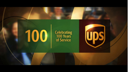 A graphic celebrating 100 years of UPS service with a gold 100 and the UPS logo on a green and brown background.