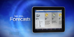 A tablet shows a weather forecast app with temperature and sky condition data on a blue background.