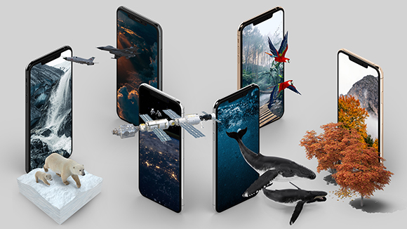 Several smartphones arranged in a circle with 3D elements like polar bears, whales, birds, and satellites emerging.