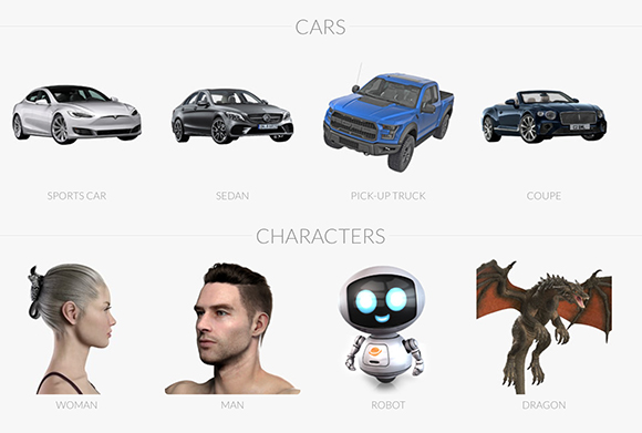 Grid showing four car types and four character types: sports car, sedan, truck, coupe, woman, man, robot, and dragon.